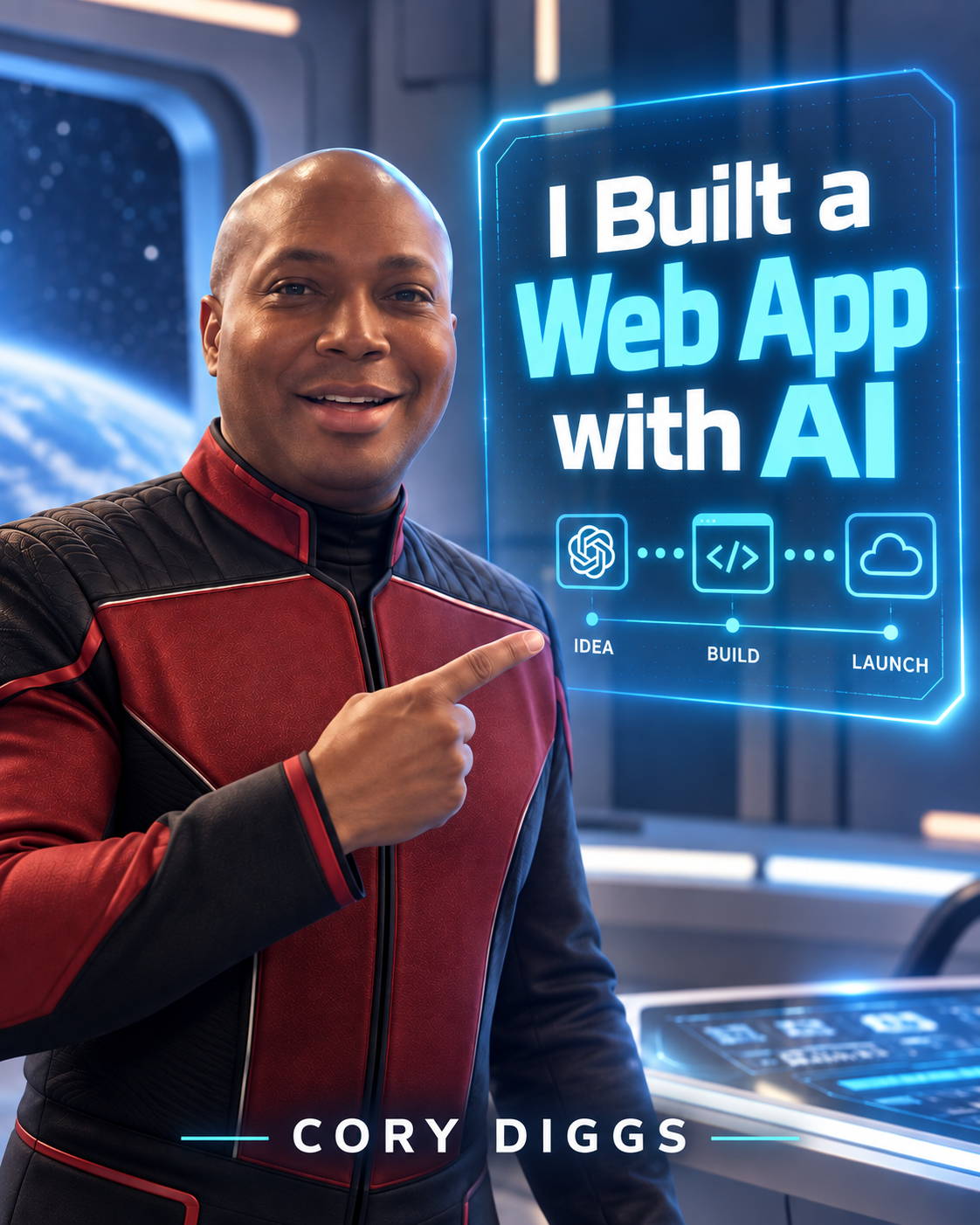 Book cover artwork showing Cory Diggs beside the words I Built a Web App with AI and an IDEA–BUILD–LAUNCH graphic.